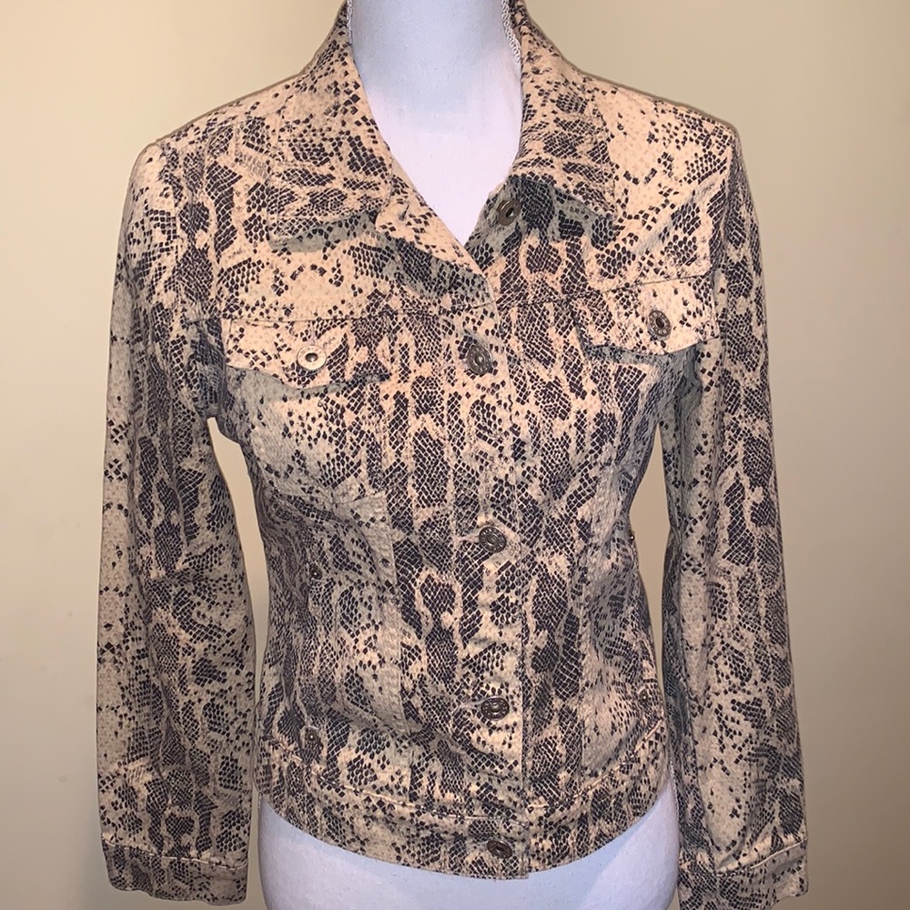 GUESS La Dolce Vita Jacket Snake Skin Print Pockets Rivet Buttons with Logo M